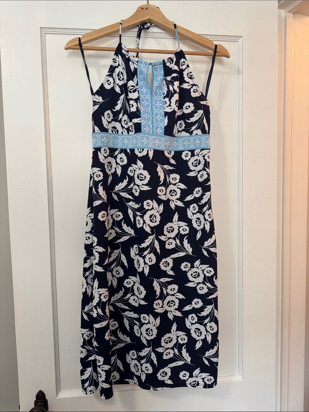 Navy Floral Halter Midi Dress with Light Blue Trim